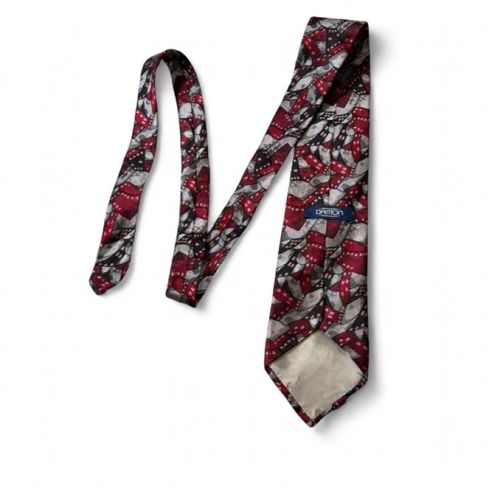 Vintage 80s Damon Red, Gray & Black Abstract Geometric Silk Tie - Picture 4 of 8